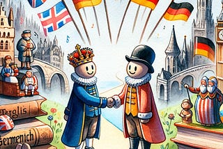 The illustration shows a friendly meeting between German and British characters, identifiable by their traditional attire and flags. Iconic landmarks and books titled “English” and “German” hint at a cultural and linguistic exchange, set against a backdrop suggestive of London and Germany, with a celebratory atmosphere.