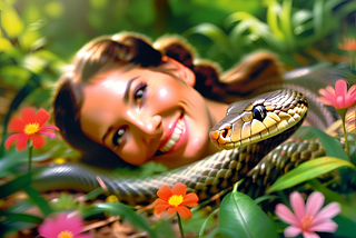 Technicolor image of lovely smiling brunette woman lying in a field of flowers with a friendly snake