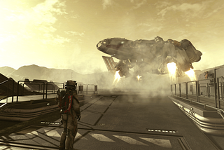 The player character in Starfield watches their future ship land on a cement pad.