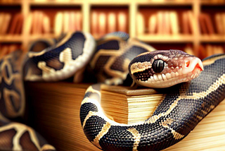 Imagem digital de uma cobra, na cor preta e amarela, em cima de um livro, na frente de uma estante de livros.