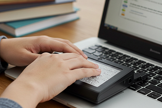 Manos de usuario utilizando un dispositivo braille conectado a su ordenador portátil