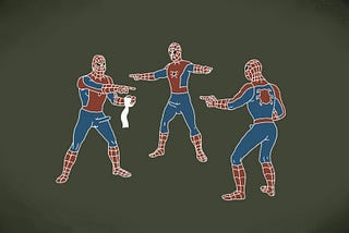 Three Spiderman with erections point at each other like in the meme.