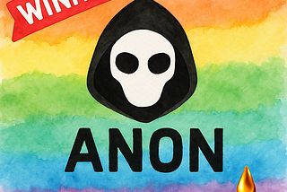 A wide-format watercolor-style digital illustration featuring a rainbow pride flag background. The Anon Eyes logo is centered, a “Winner” banner appears in the top left, and the Liquid NFTs logo is placed in the bottom right — symbolizing inclusivity, community, and reward within the Web3 NFT space.
