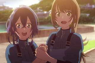 Blue-Haired Kukuru and Brown-Haired Fuuka holding hands in their aquarium gear.