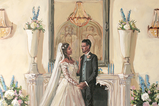 Detail from castle wedding ceremony. Bride and groom in a symmetrical room. Behind them a big mirror. Lots of florals and a few chandeliers.