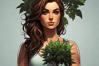 Young woman with a green tree in her hand looking straight ahead with confidence. Image created by the author in Leonardo. AI