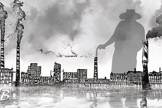 An Old Man’s Silhouette standing over large city with smokestacks