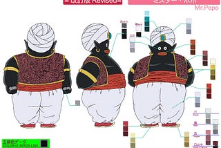 Mr. Popo from Dragon Ball shown from three different angles.