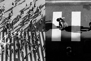 Two images juxtaposed — one a zoomed out image of many people using a crosswalk, the other zoomed into the crosswalk, showing just one person clearly.