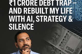 A digital composite image featuring an Indian man in a light blue shirt with a thoughtful expression, positioned on the left. On the right, a glowing digital brain overlaps with grayscale ₹500 currency notes, symbolizing the intersection of financial struggle and technological transformation. In the center, bold white text reads: “How I Escaped a ₹1 Crore Debt Trap — And Rebuilt My Life with AI, Strategy & Silence.”