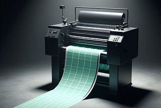 A simple black metal printing press is spotlit in a dark room, it’s printing a long stream of pages covered in plain green squares that flow off into the distance, photorealistic