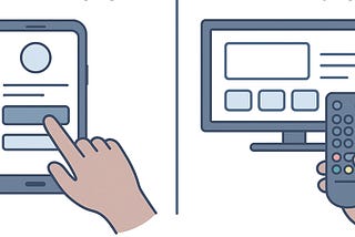 Hands interacting with smartphone on left, TV and remote on right. Blue interface, simple layout. Concept of mobile vs TV control.