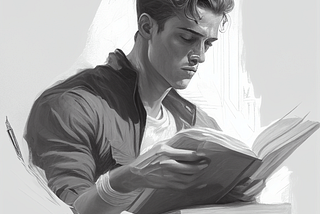 A black and white drawing of a young man reading a book