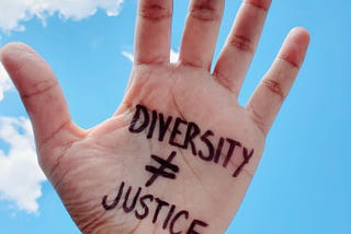 photograph of a hand with fingers outstretched and palm facing the camera. On the palm is hand-printed in black ink, “DIVERSITY ≠ JUSTICE”. In the background is a briliant blue sky with a few clouds on the left.