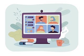 Drawing of computer screen showing four people meeting online.