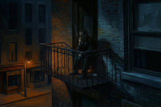 A moody, painterly night scene of a lone figure standing on a narrow apartment balcony, smoking a cigarette. Warm interior light spills onto textured brick walls while deep blue shadows envelop the quiet city below, creating a sense of isolation and introspection.