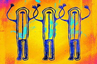 Cave art illustration of a mysterious humanoid figure with arms over its head rendered in psychedelic colors.