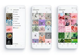 Three screens of Instagram’s grid page. Edit Grid added in the options. Individual posts can be shuffled around on the grid.