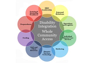 A circular diagram labeled Disability Integration Whole Community Access at the center. Surrounding circles name functional areas including DRO Leadership, External Relations, Operations and Logistics, Individual Disaster Care Services, Sheltering, Disaster Services Technology, DAT and Client Recovery, Feeding, Preparedness, and Training and Mentoring Workforce.