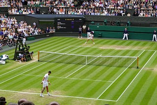 Novak Djokovic prepares to serve in the Wimbledon Men’s Final, 2023