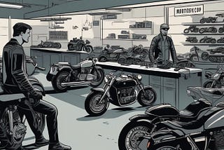 The illustration portrays a motorcycle workshop setting, with a diverse range of motorcycles in the background