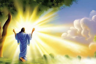 Jesus walking towards resplendent light.