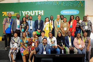 Young leaders on stage at the Women Deliver 2023 Conference Youth Zone in Kigali, Rwanda.