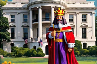 A king in royal garb and a crown stands in front of the U.S. White House.