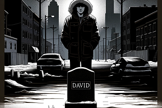 A sad man in a parka stands over his friend’s grave against a cold winter backdrop in an inner city.