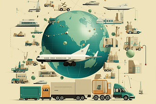 An illustration of the globe with images of planes and trucks around it.