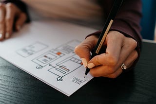 Mão de uma pessoa negra desenhando telas de aplicativos móveis com uma caneta preta em um papel branco. Apenas parte de seu tórax e suas mãos aparecem juntamente com o papel.