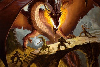 A party of 6 adventurers confront a large dragon. Its mouth is flaming like it’s about to spit fire, while three of them stand on a bridge defending their positions.