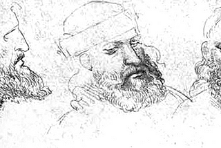 Three sketches of a bearded man from different angles