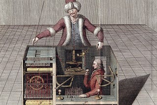 Old sketch of mechanical turk showing the interior and the hidden human chess player