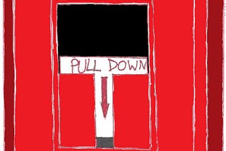 A drawing of a red fire alarm. It says “pull down” in the middle.