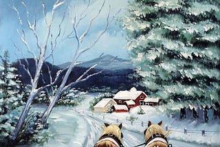 A rustic painting depicting two horses pulling a sleigh down a snowy lane surrounded by trees towards a house