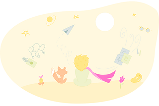 Illustration with the Petit Prince with some toys flying around