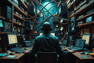 A dramatic, exaggerated photograph in the style of an award-winning photographer, depicting tangled wires, screens of computer code, and torn paper notes with ambiguous symbols. Stark, moody lighting creates deep shadows and a sense of confusion. The overall aesthetic captures a French grotesque art vibe, blending distorted digital elements with analogue textures, symbolising hidden complexities.
