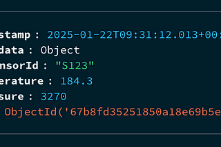 Sample JSON document with timestamp, metadata, temperature, pressure, and _id fields.