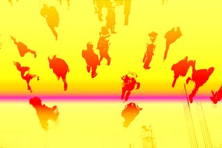 Aerial view of people walking overlayed with yellow and red filter