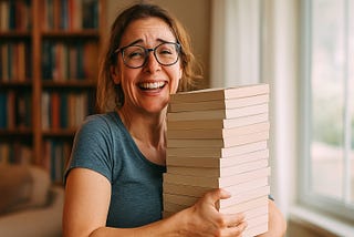 a selfpublishing author looking stressed carrying a lot of books, AI generated image