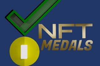 NFT Medals logo, A green tick and medalion. NFT Medals writing.