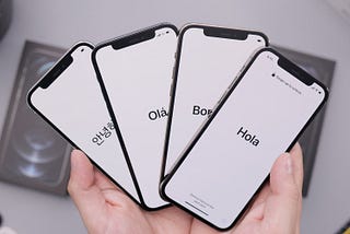 Picture of mobile phone screens with hello on the screen in different languages