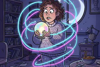 A worried woman holding a crystal ball surrounded by neon swirls