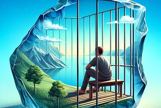 This symbolic image portrays a person inside a transparent, crystal-like prison, representing the invisible barriers created by their own fears and avoidance of pain, set against a backdrop of an unreachable serene landscape.