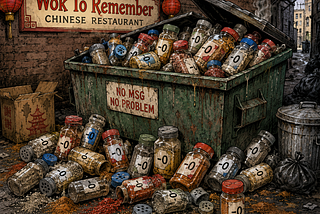A dumpster in an alley behind the Wok To Remember Chinese Restaurant. Bottles of dry seasonings are overflowing from a dumpster and lying on the ground. The labels on the bottles are half torn off. All that’s left is “-O” on the bottles.