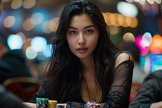 An young asian female poker player stairing right at you.