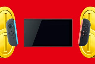 The Switch 2 console with the Joy-Cons removed with Mario-themed coins behind them