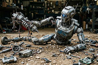 A robot, partially disassembled and seemingly unable to stand, holding what may be part of one of its legs in a robot hand and looking at it, as if trying to understand how to put itself back together. Loose metal pieces are scattered around it on dirt, in front of a workshop in the background. A faint icon in the corner indicates this image was generated by Google’s Gemini AI tool.