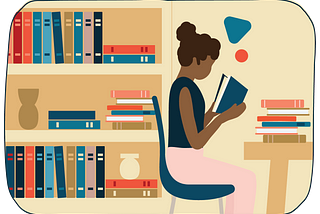 An illustration of a woman seated in a library, reading a book.